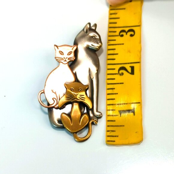 Vintage K&T Mixed Metal Tricolor Cats Brooch Pin 3 Inches - Picture 4 of 4